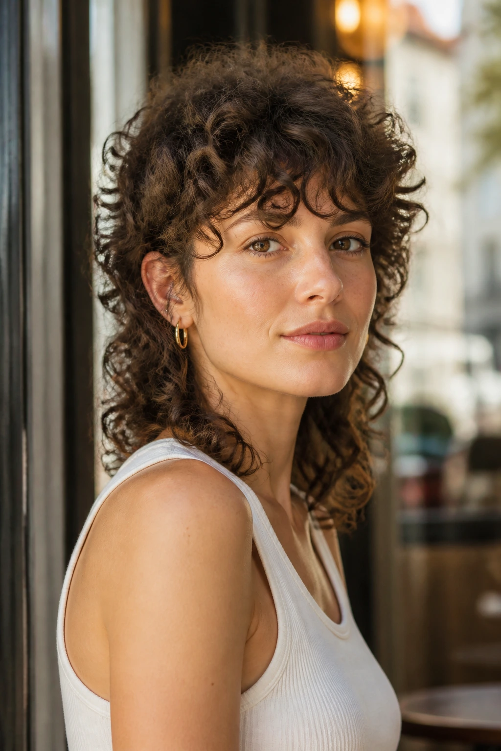 Close-up of a real person with curly mullet and soft crown
