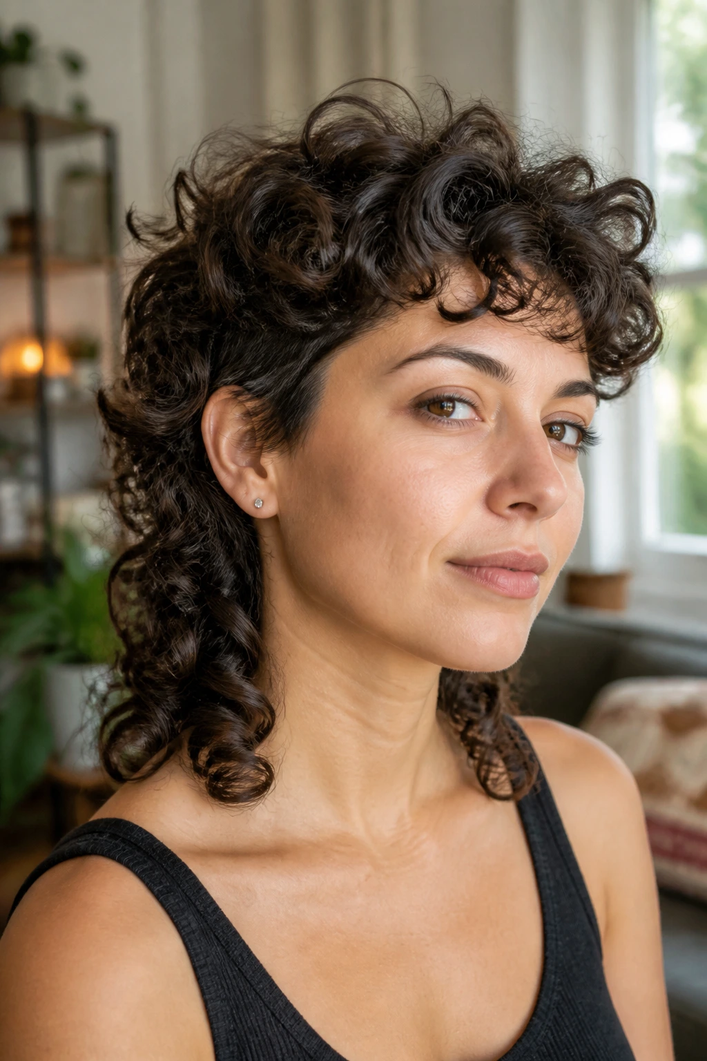 Close up of real person with curly mullet and soft edge layers in warm daylight.