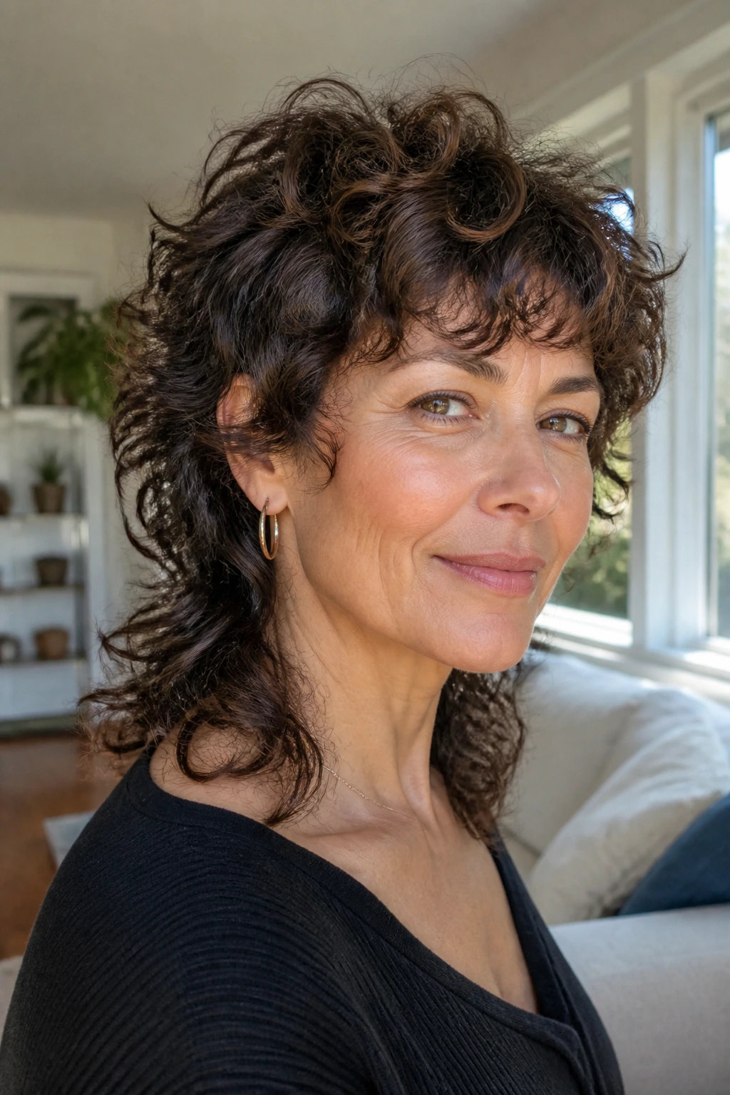 Portrait of a woman with curly mullet and soft ends in natural daylight