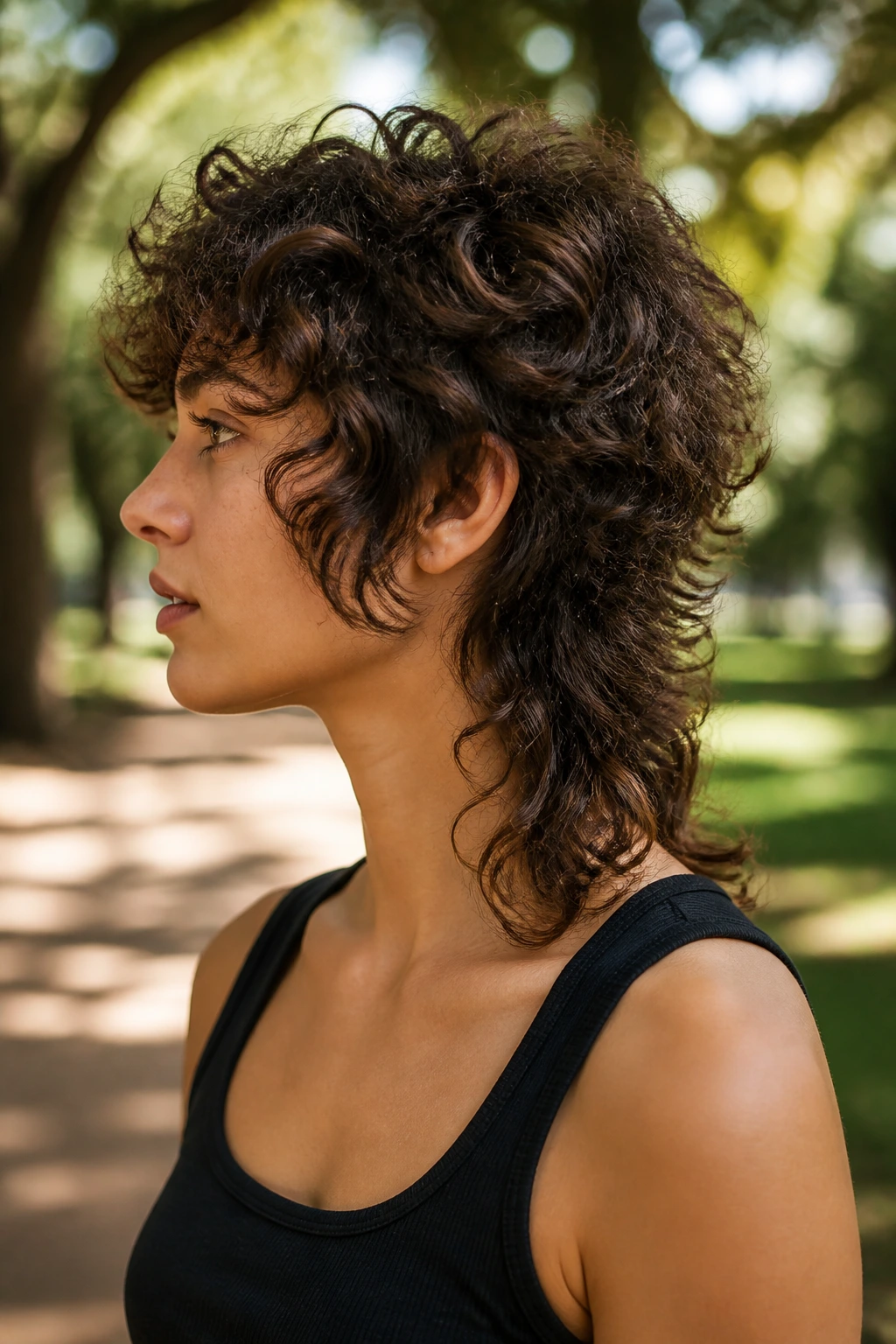 Real woman with curly mullet and soft nape in natural light