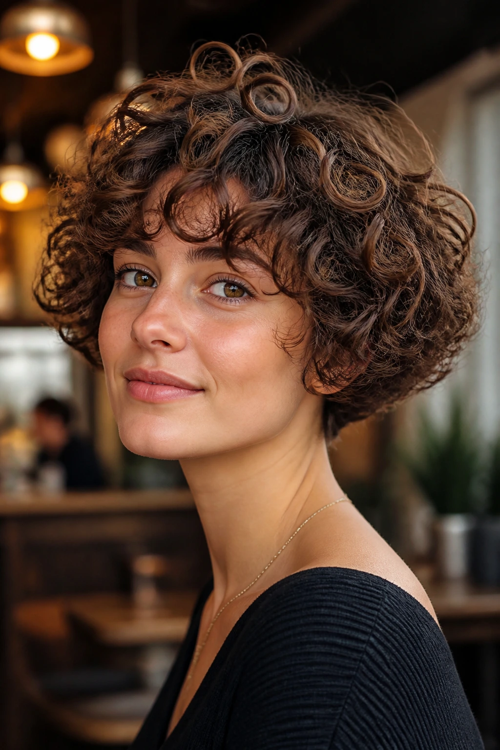 Real person with curly mushroom cut and light crown layers.