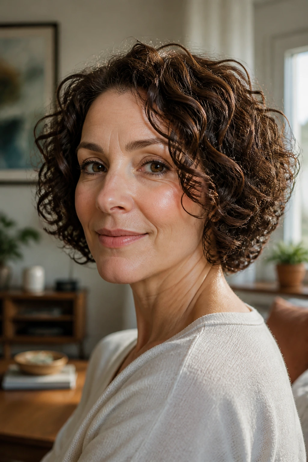 Close-up portrait of a real woman with a neck-length curly bob.