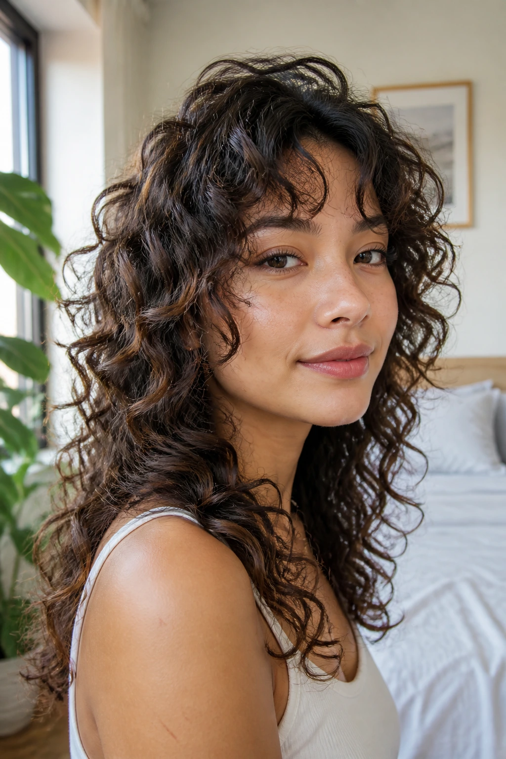 Real woman with curly octopus cut softened, lift at crown and longer lower sections