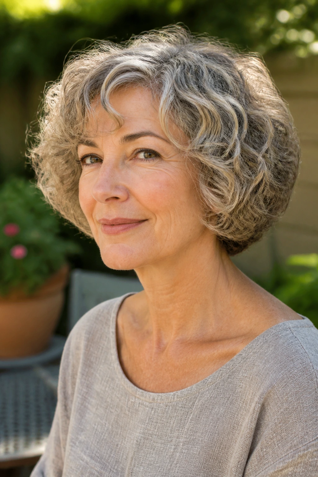 Portrait of a woman with a curly or wavy pageboy hairstyle.