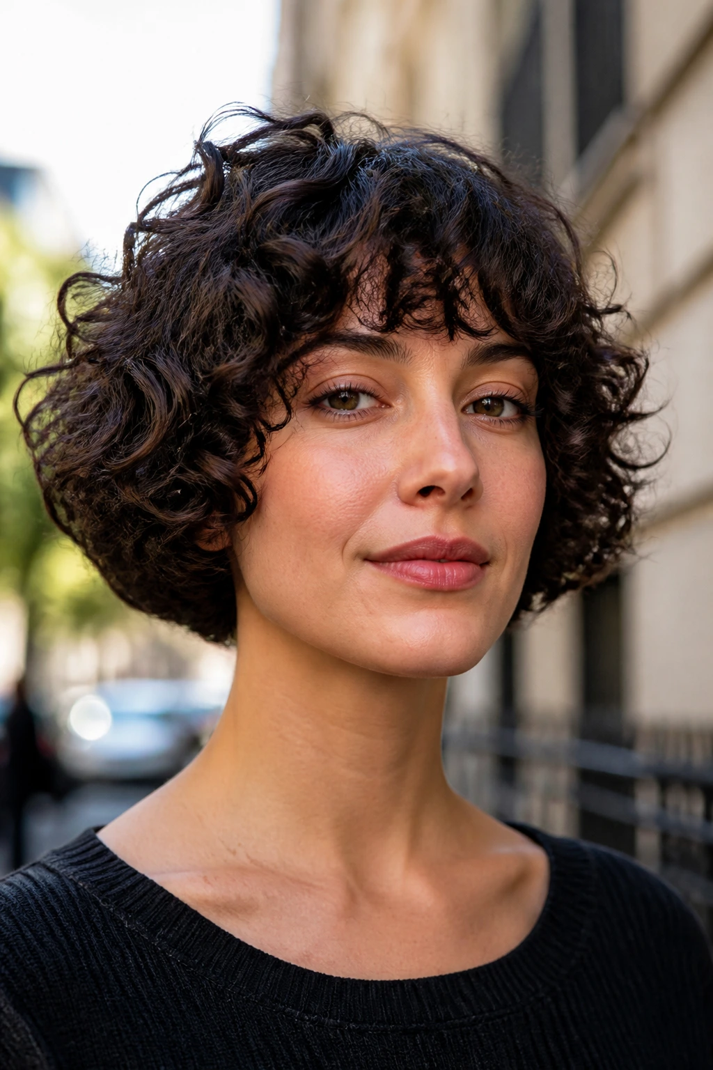 Portrait of a woman with a curly pageboy haircut outdoors