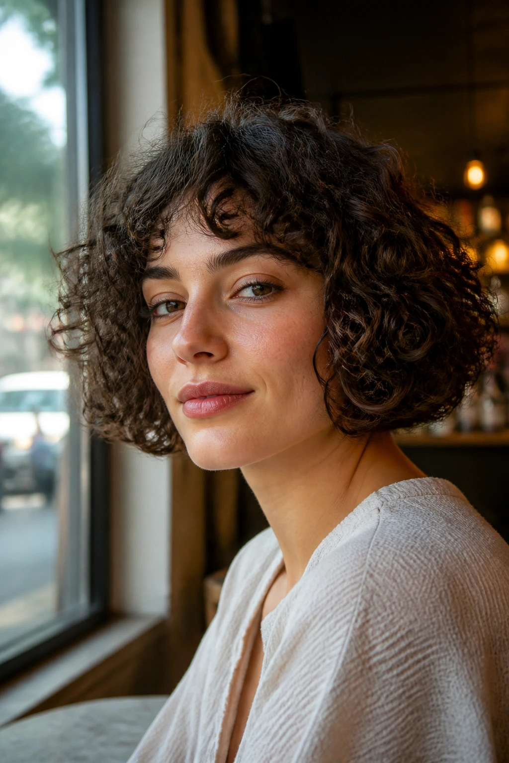 Close-up portrait of a real woman wearing a curly pageboy with a modern bend along the jawline.