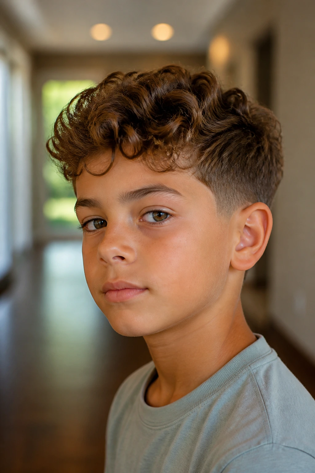 Portrait of a boy with longer top and tapered sides showing curl variations