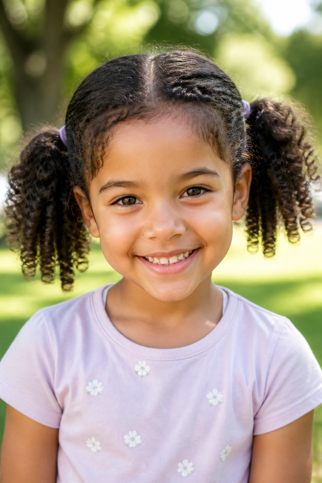 Close-up of a girl with curly pigtails and a middle part