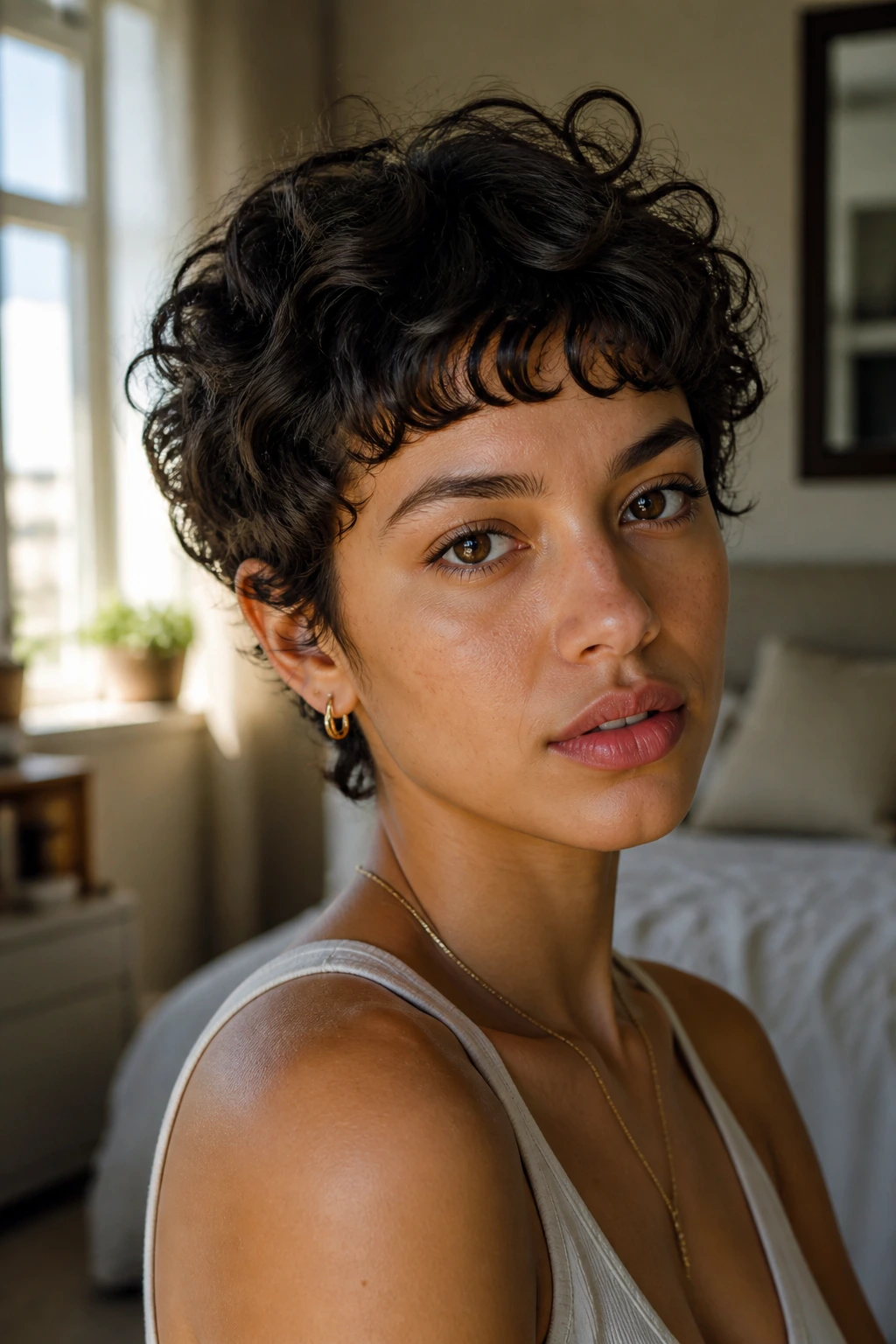 Close-up of a real woman with baby bangs and curly pixie on oval face in warm bedroom light