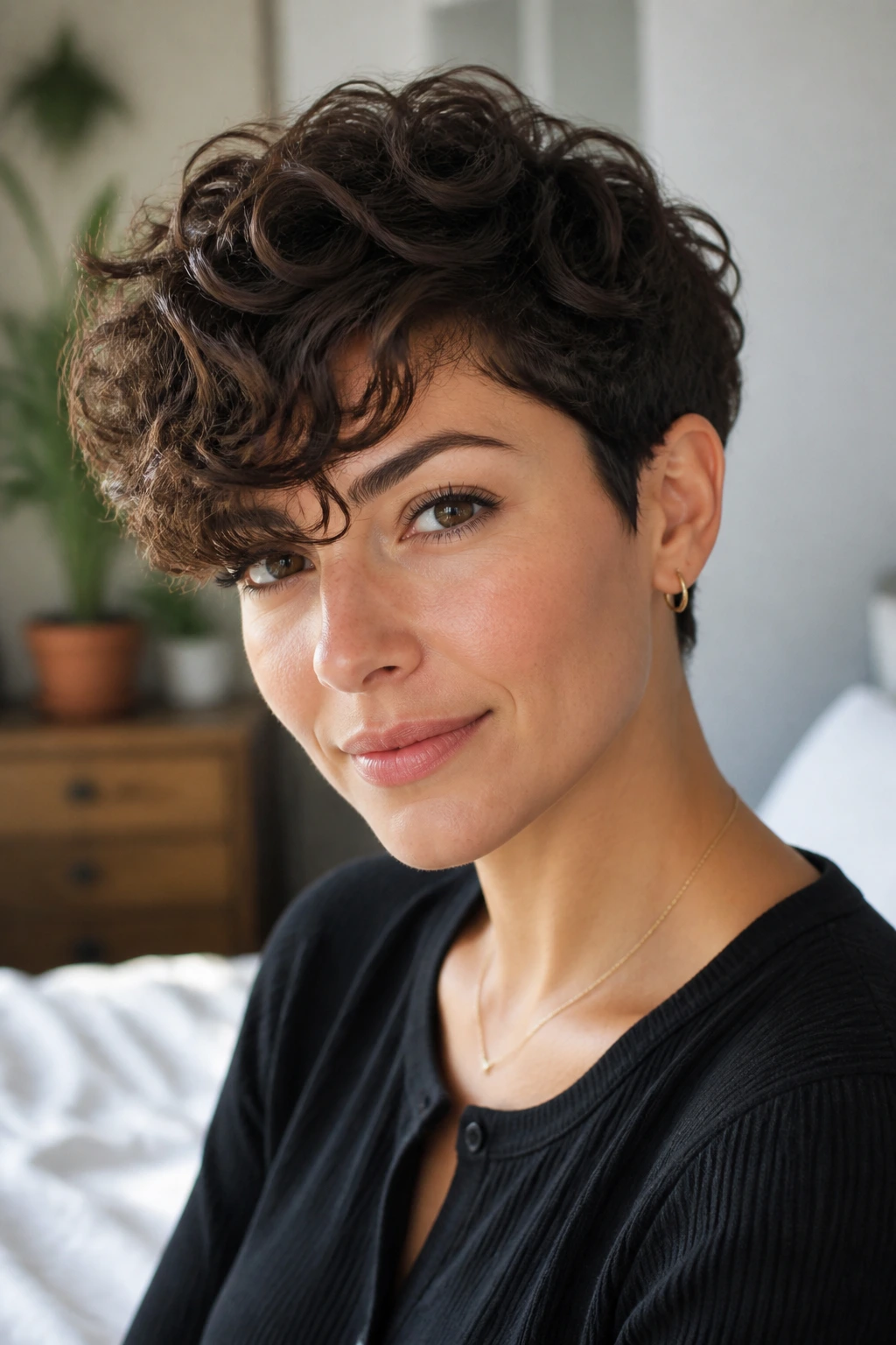 Portrait of a real woman with curly pixie and side-swept bangs by window light.