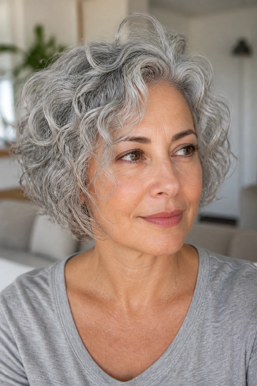 Real person with curly pixie bob and boblet layers, front length framing jaw, silver curls