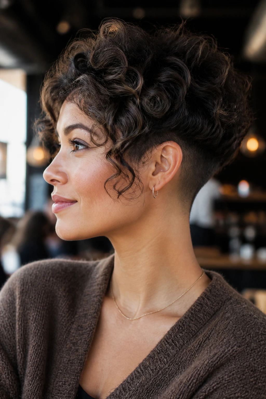 Portrait of a woman with curly pixie bob and buzzed nape in a cafe setting.