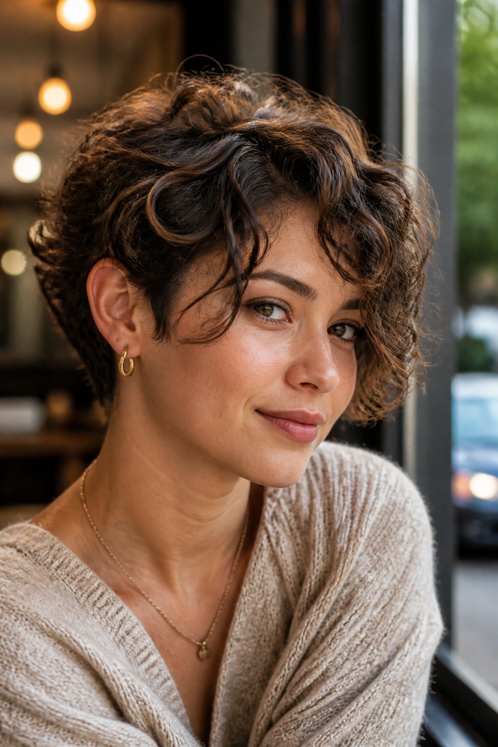 Close-up of a real woman with curly pixie-bob featuring long top pieces brushing the temples.