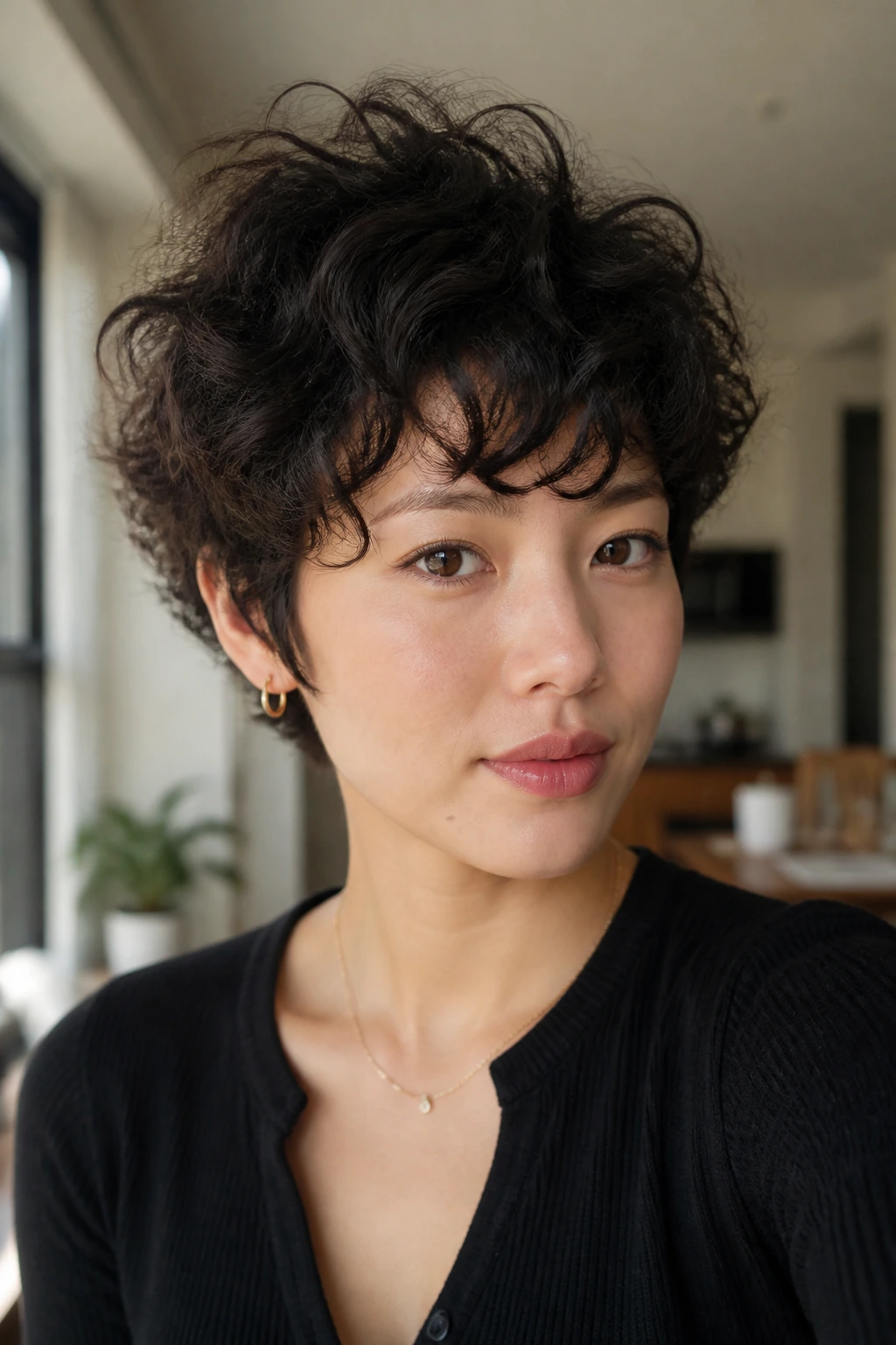 Close-up of a real woman with curly pixie bob crown lift diagonal fringe