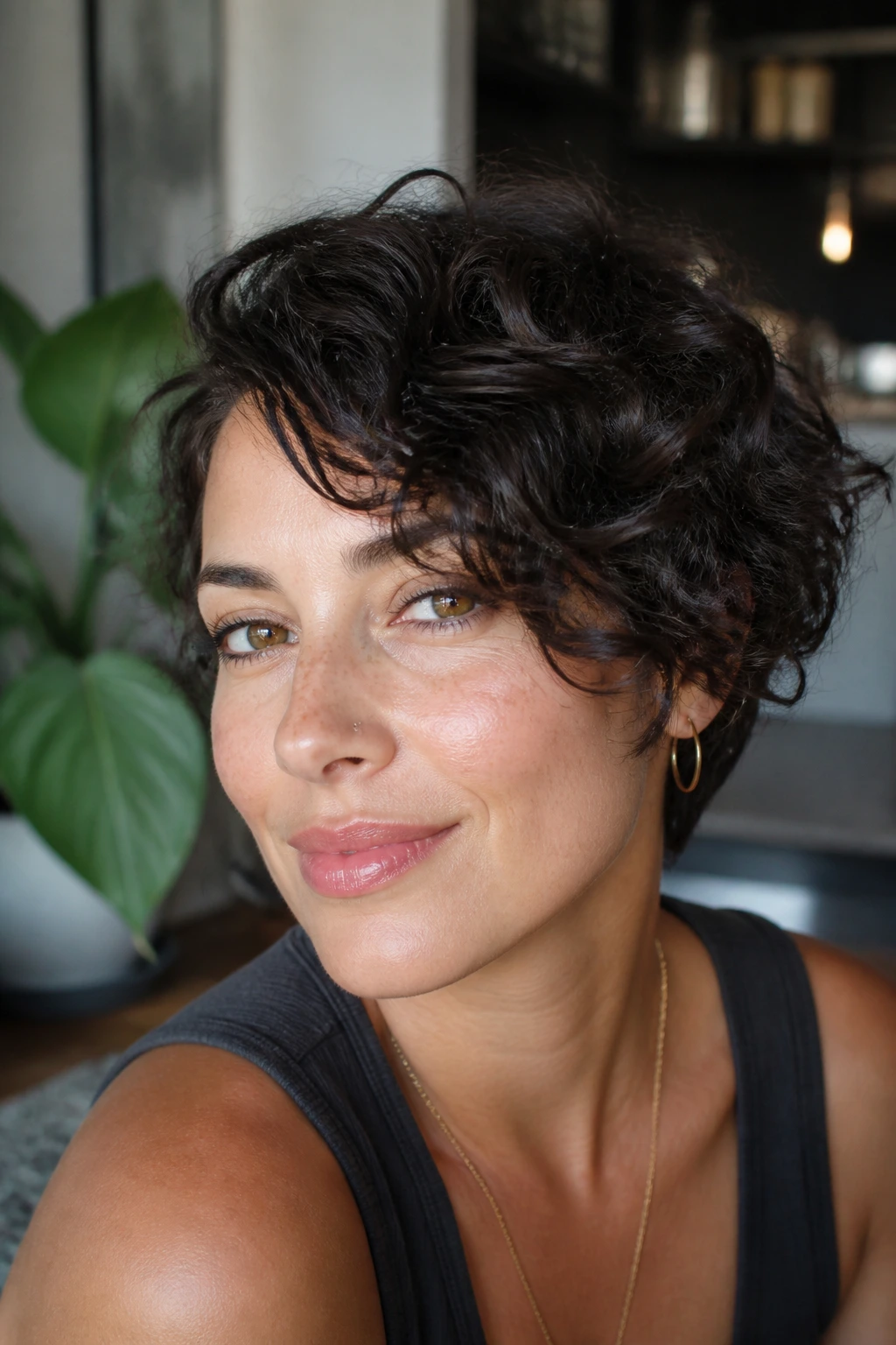 Close-up of curly pixie bob with a side fringe on a real woman