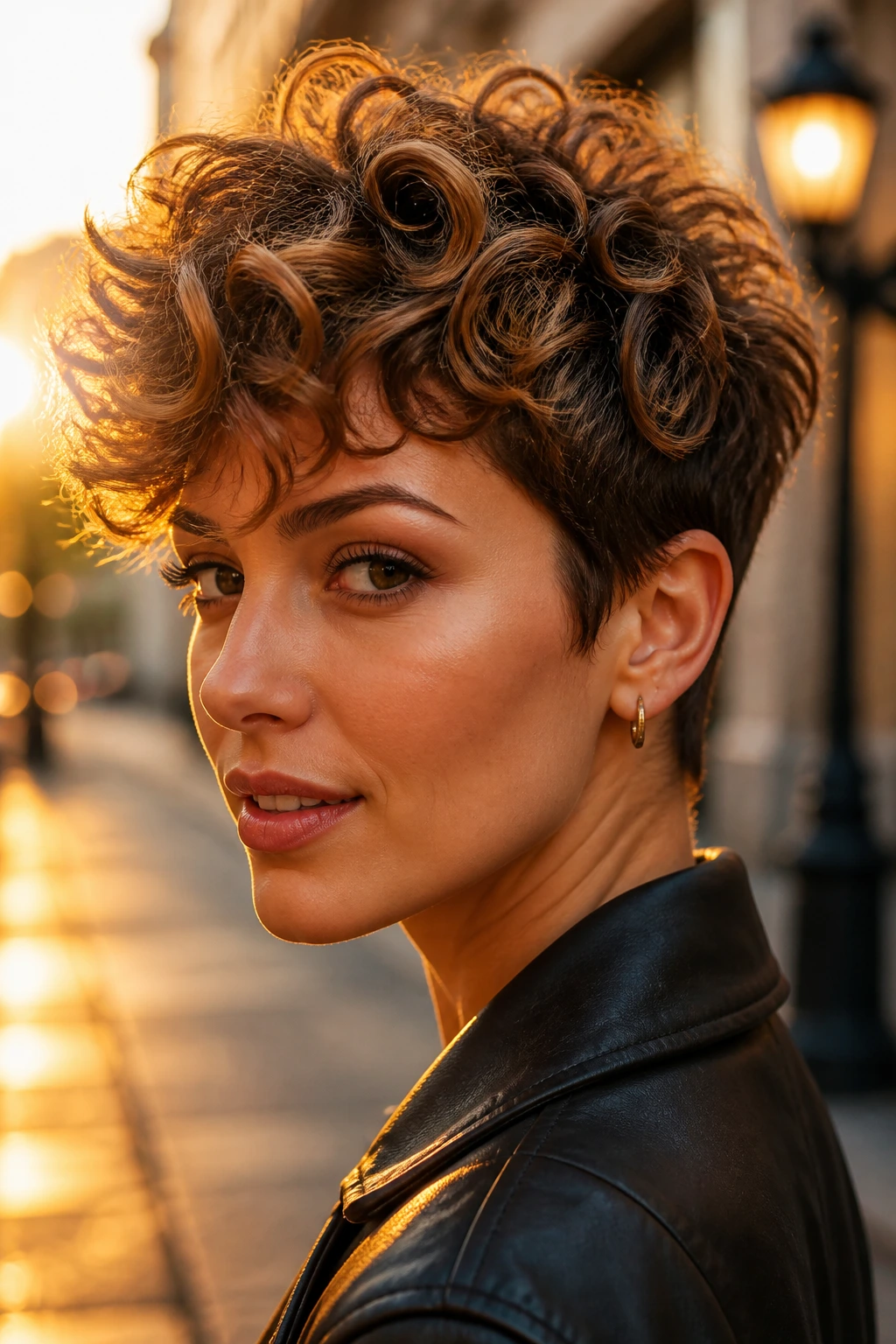 Close-up of a real woman with curly pixie cut and caramel highlights in golden hour street light