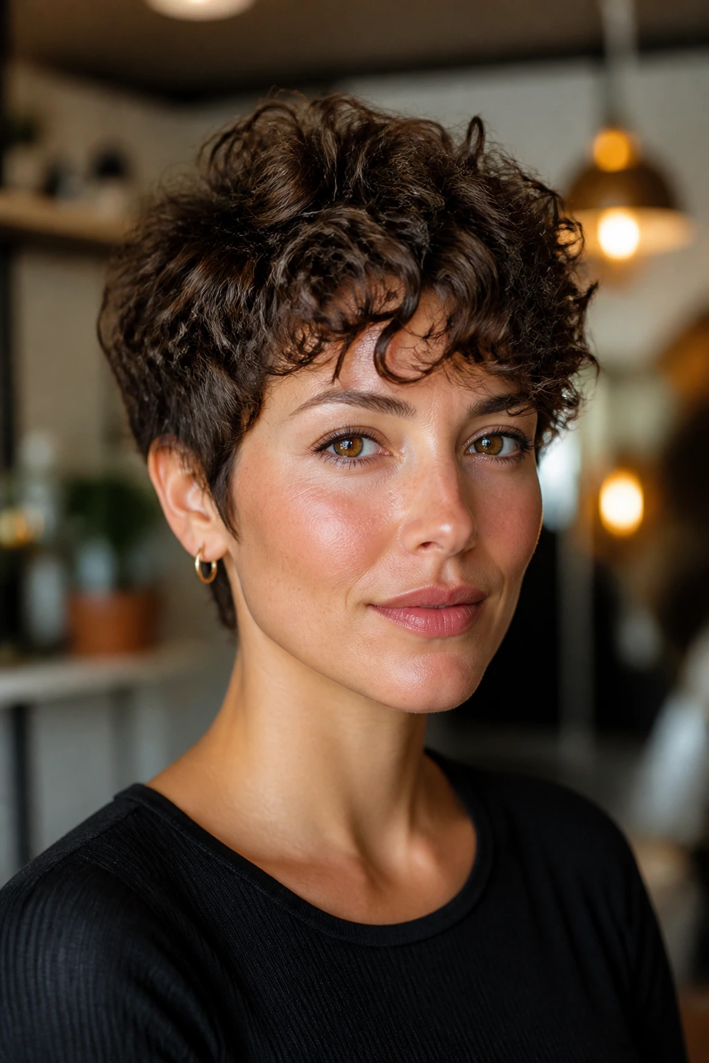 Close-up portrait of a real woman with a curly pixie emphasizing cheekbones and crown lift