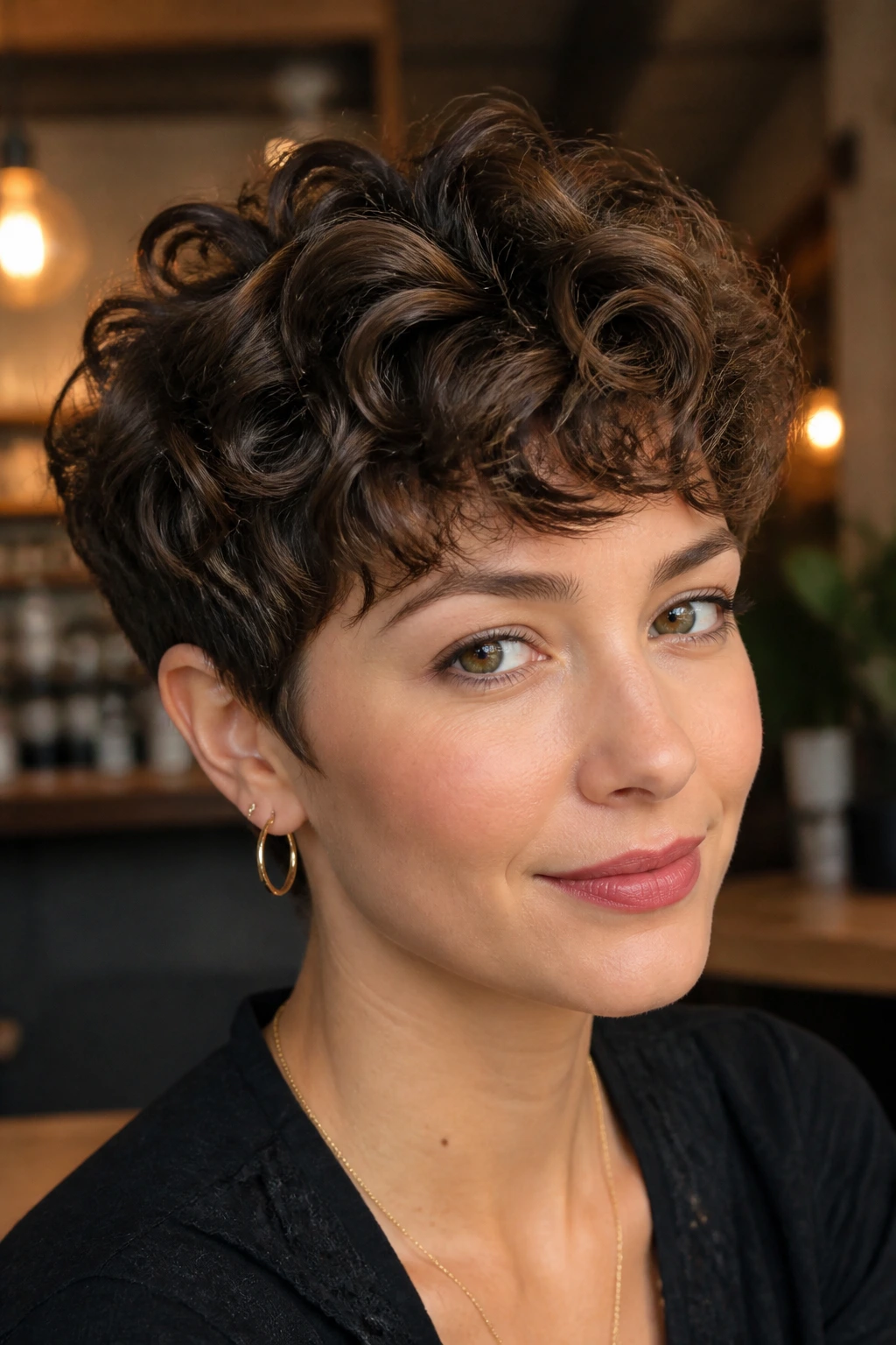 Real person with curly pixie and coffee lowlights