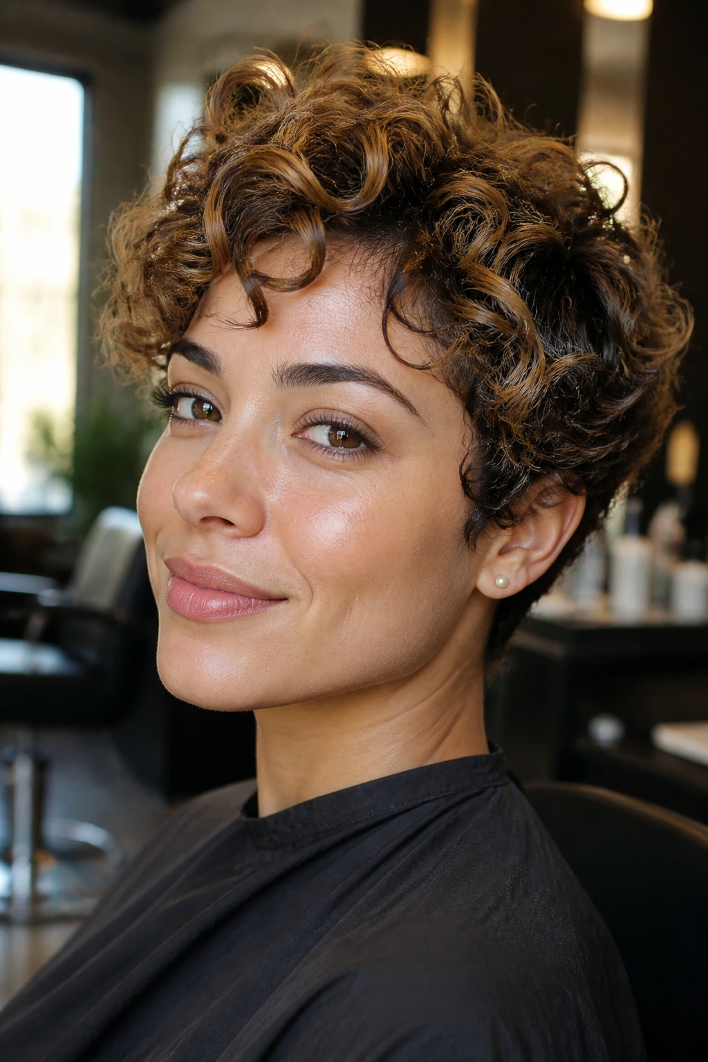 Close-up of a real woman with curly pixie haircut in a salon setting