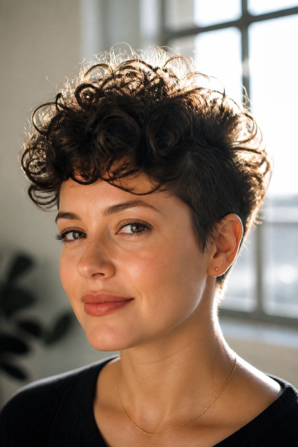 Close-up portrait of person with curly pixie hairstyle showing crown height