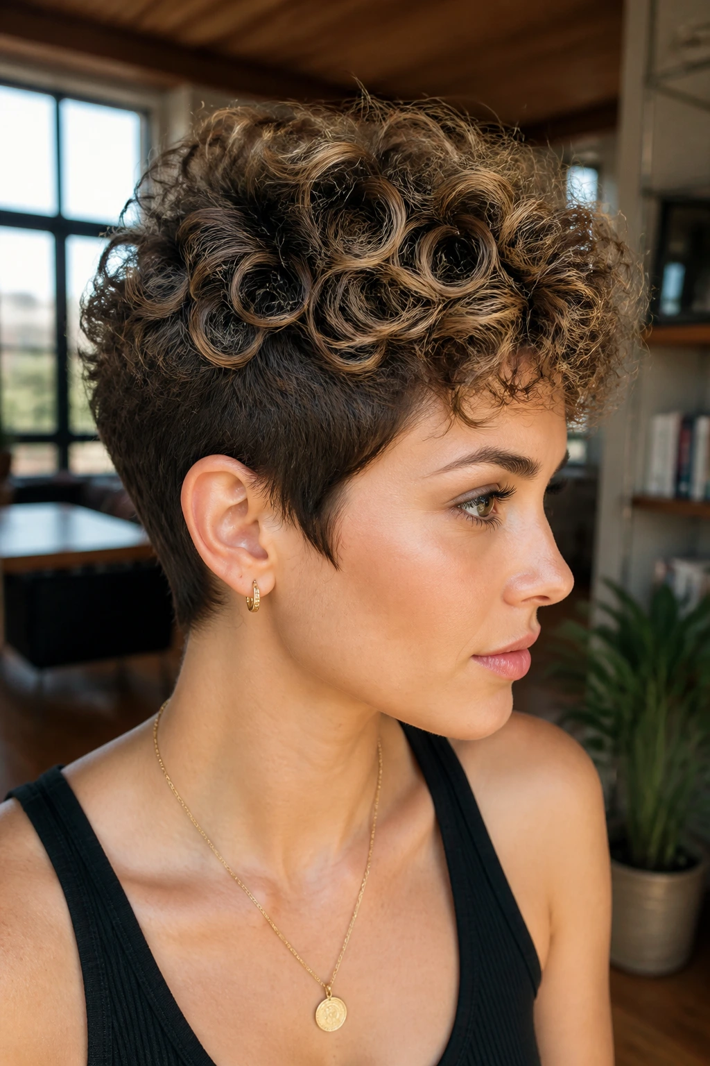 Close-up of a real person with curly pixie and crown-lift babylights.