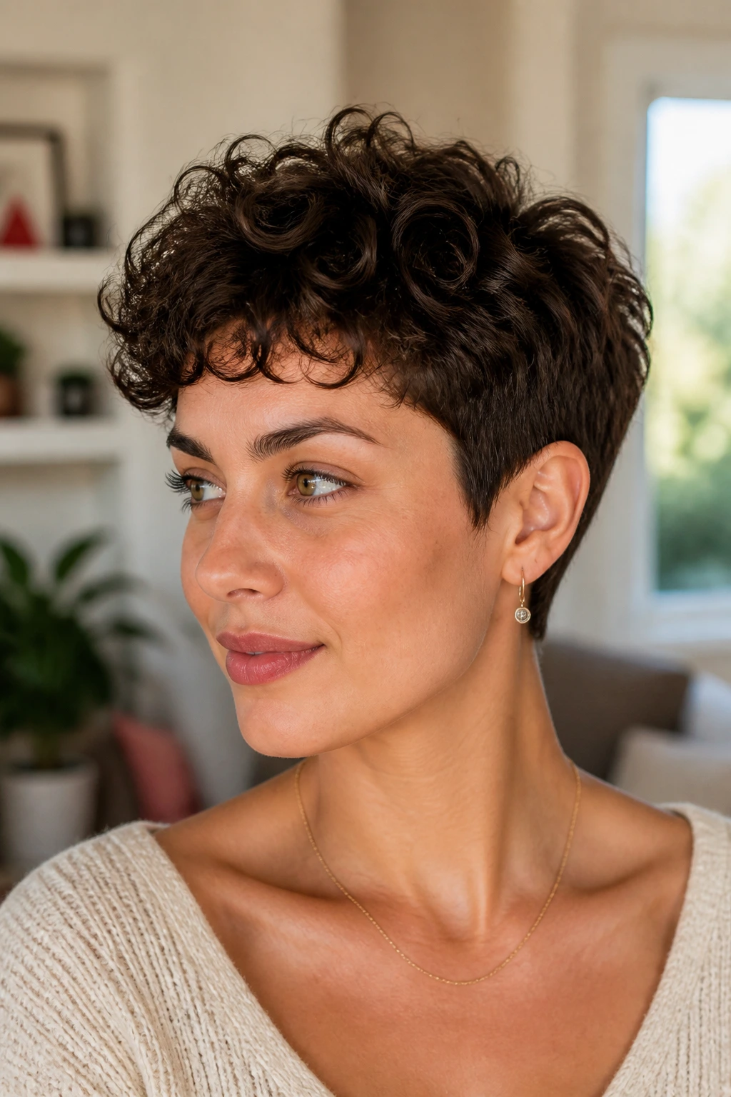 Real woman with curly pixie cut in warm daylight