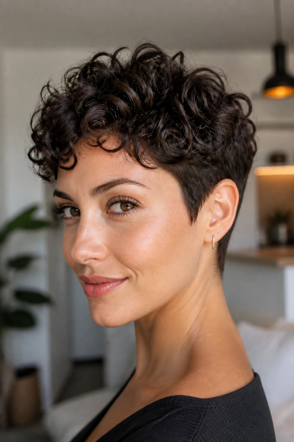 Close-up of a person with a curly pixie cut in a bright home interior