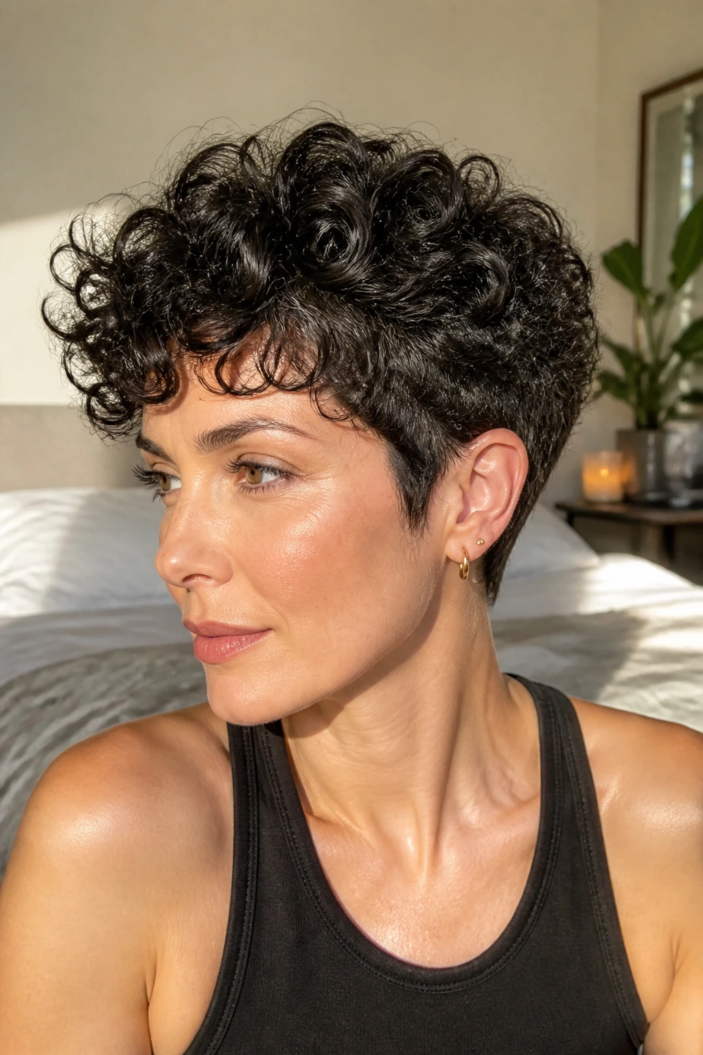 Close-up of Curly Tapered Pixie on a real woman in warm bedroom lighting
