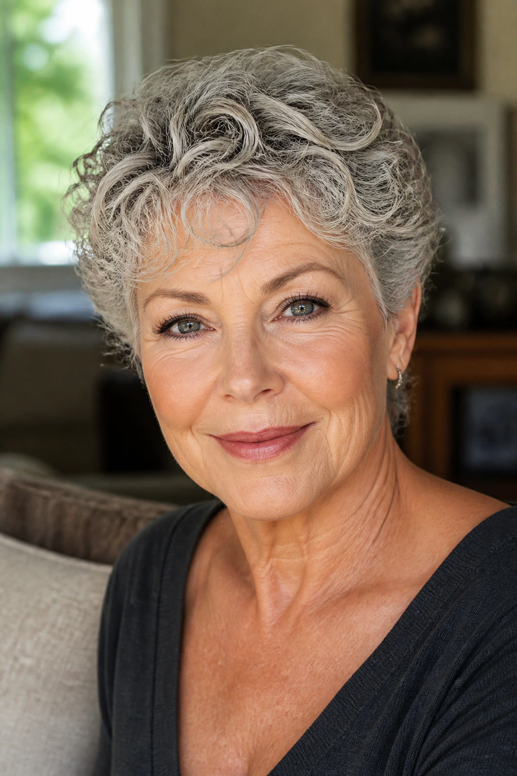 Close-up of an older woman with a feminine curly pixie cut in a warm window-lit living room