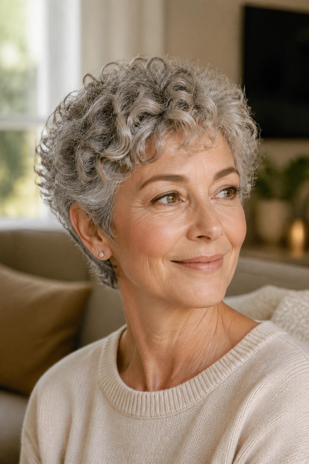 Close-up portrait of an older woman with a curly pixie cut emphasizing springy curls and silver-gray hair