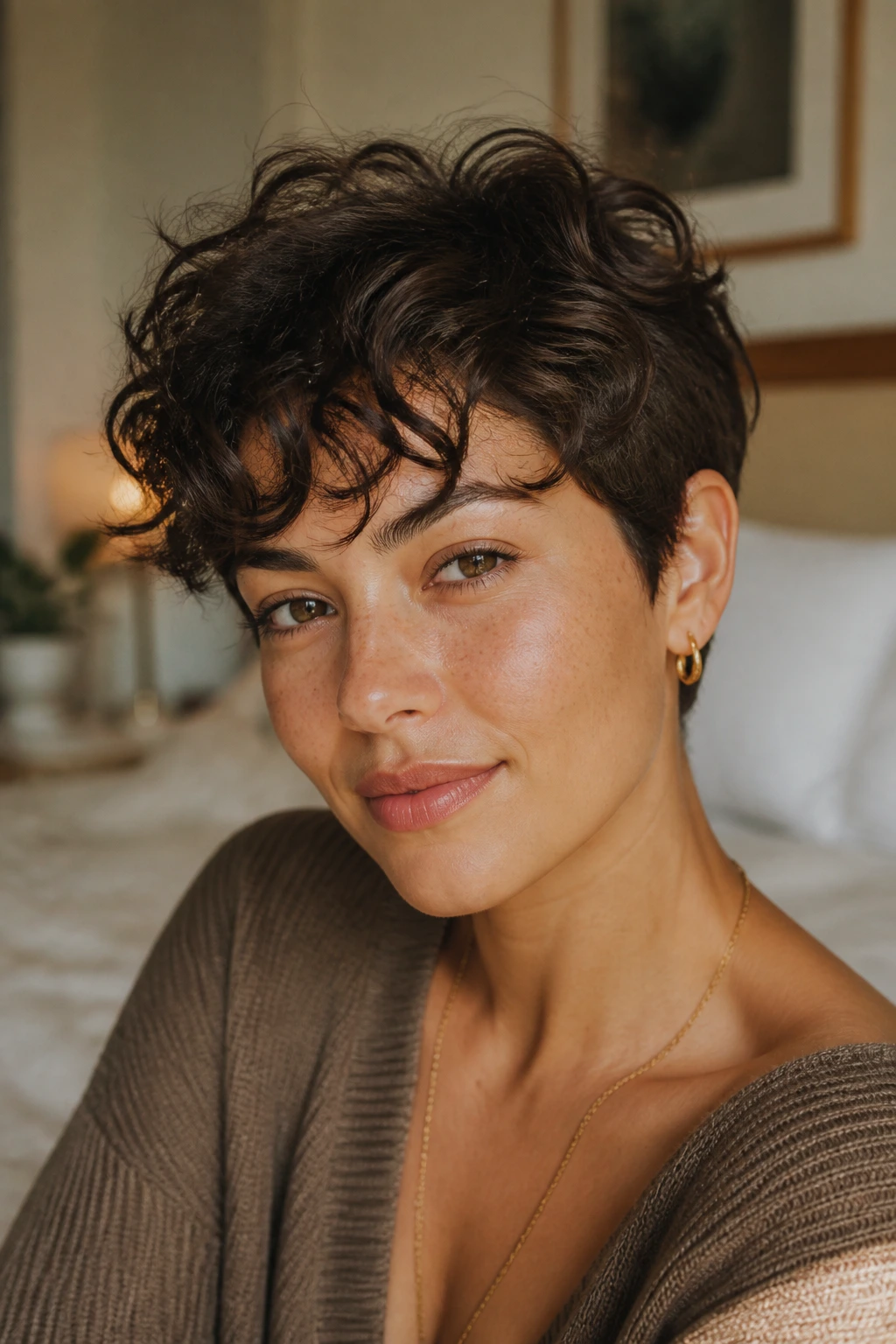 Close-up portrait of a real woman with a curly pixie cut styled for daily wear in a cozy bedroom.