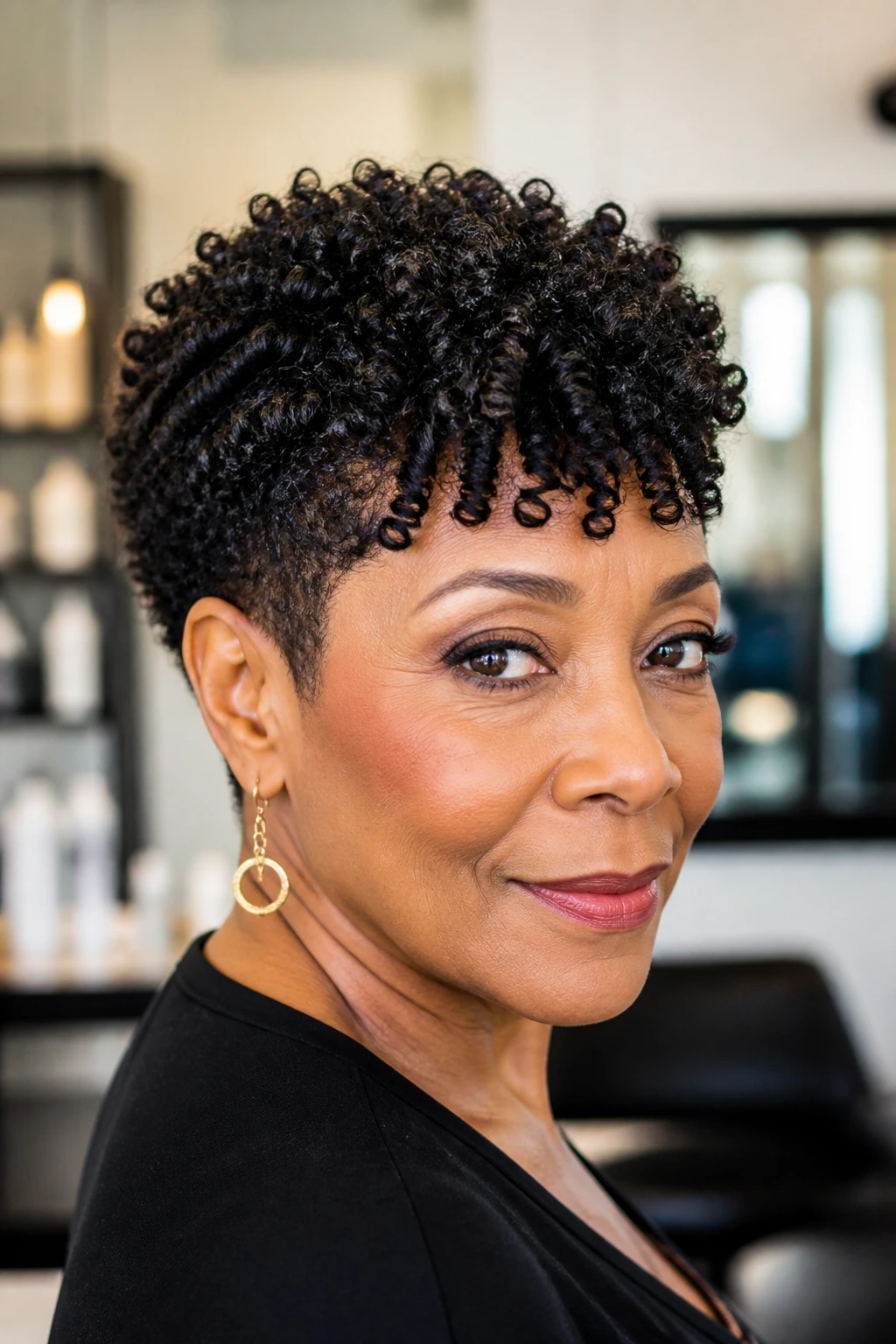 Close-up portrait of a real woman with a defined front coil in a sculpted pixie.
