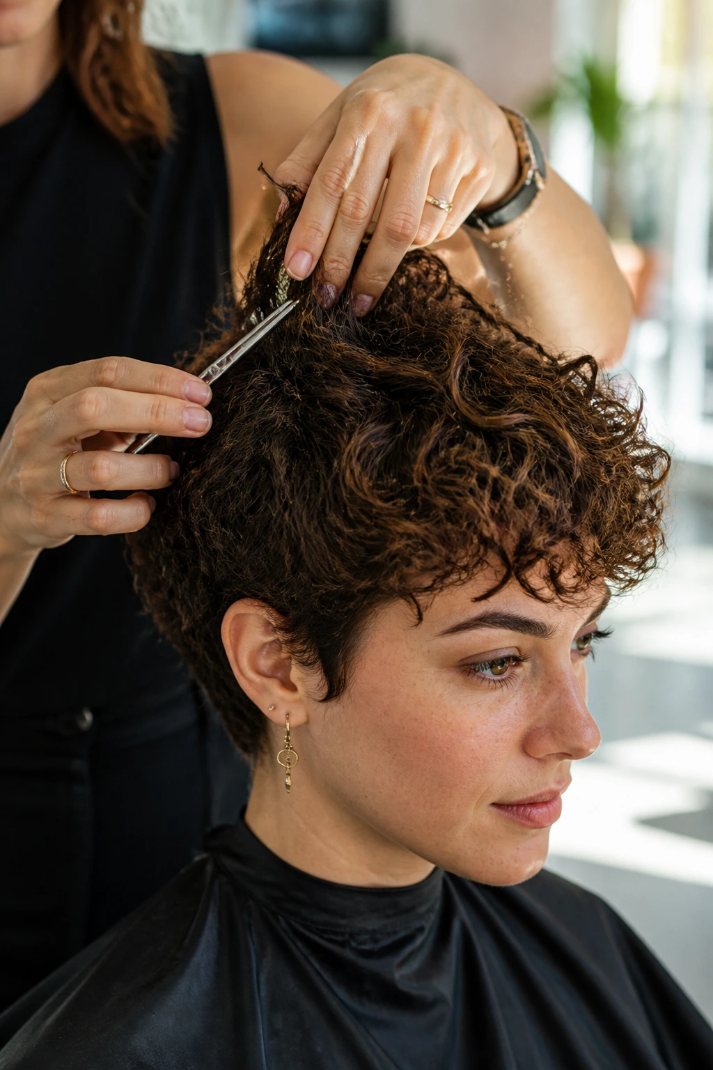 Close-up of a real head during dry-cutting curly pixie under stylist's hands.