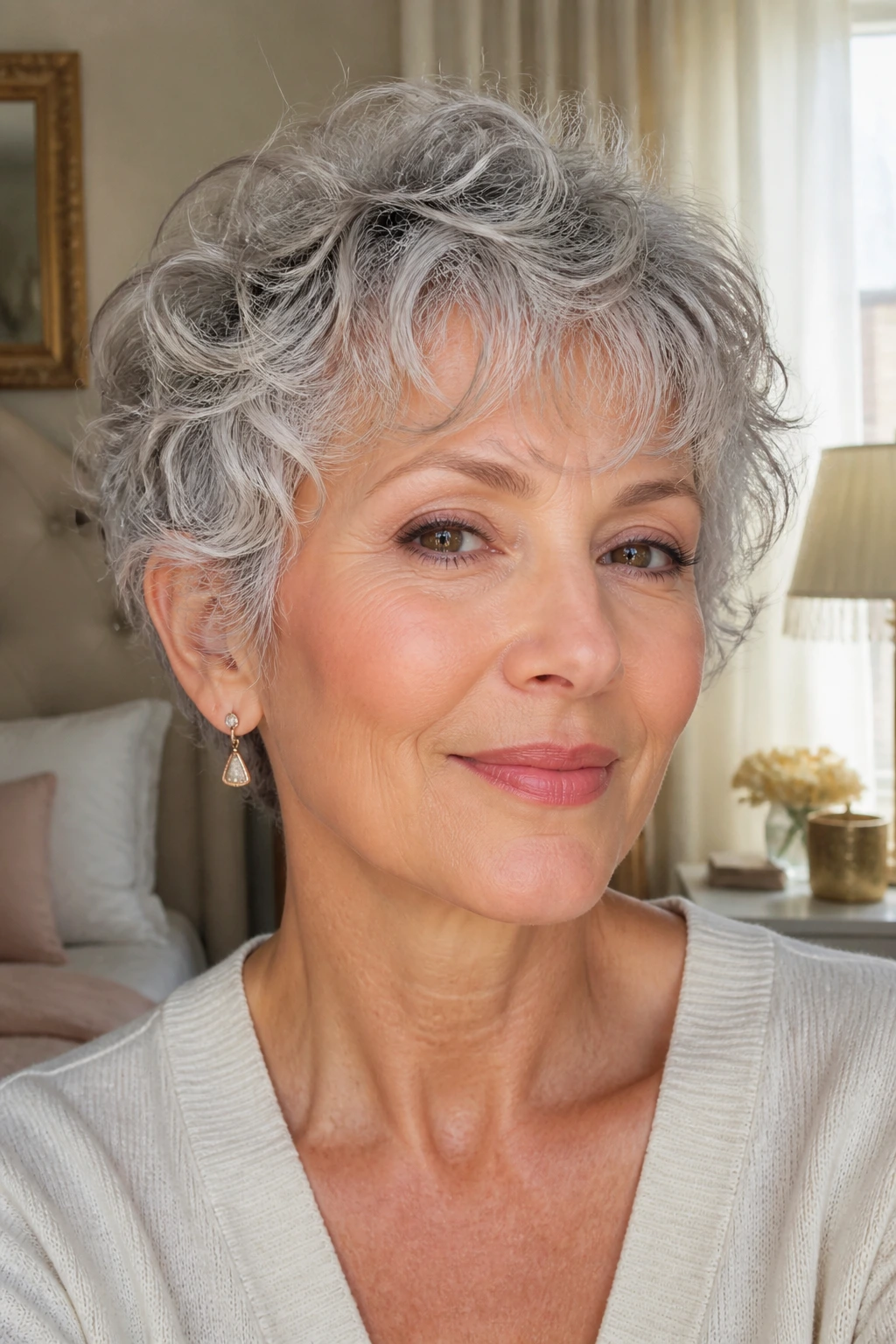Close-up portrait of a real woman with ear-grazing curly pixie and wispy bangs in soft window light