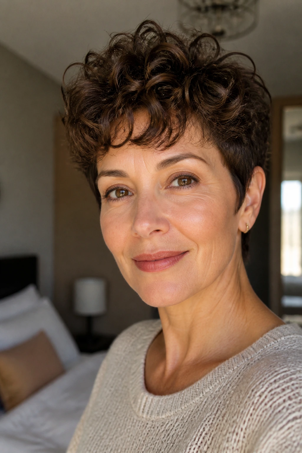 Close-up portrait of a real woman with a curly pixie cut showing lift and soft layering