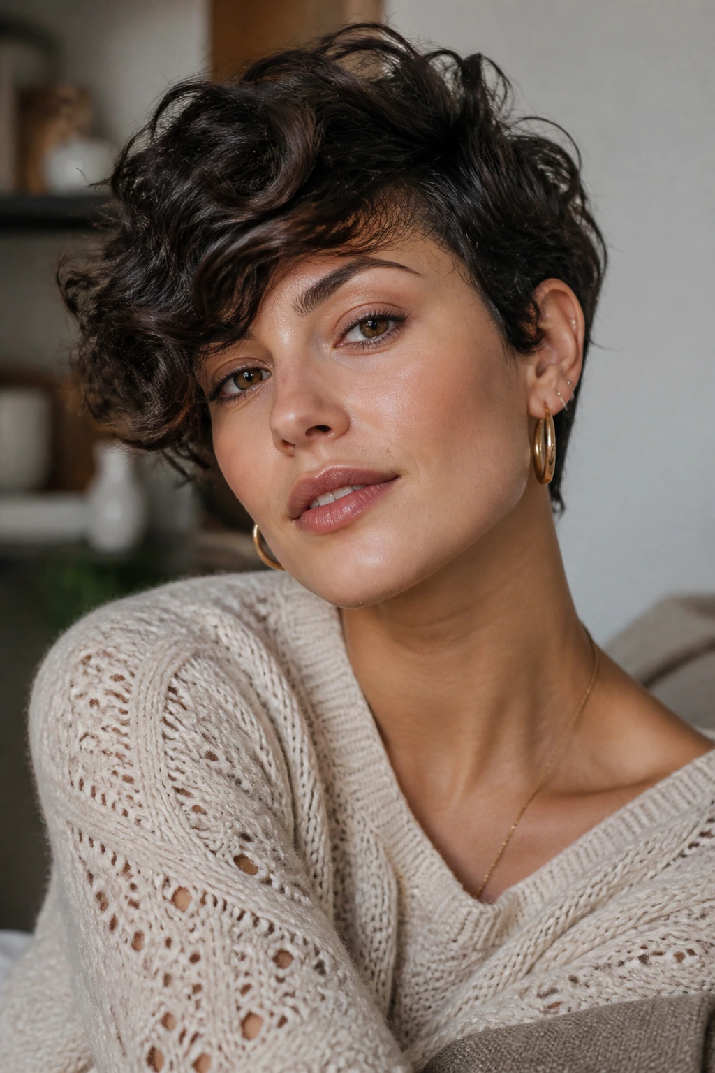 Portrait of a person with a curly pixie and long sweeping fringe