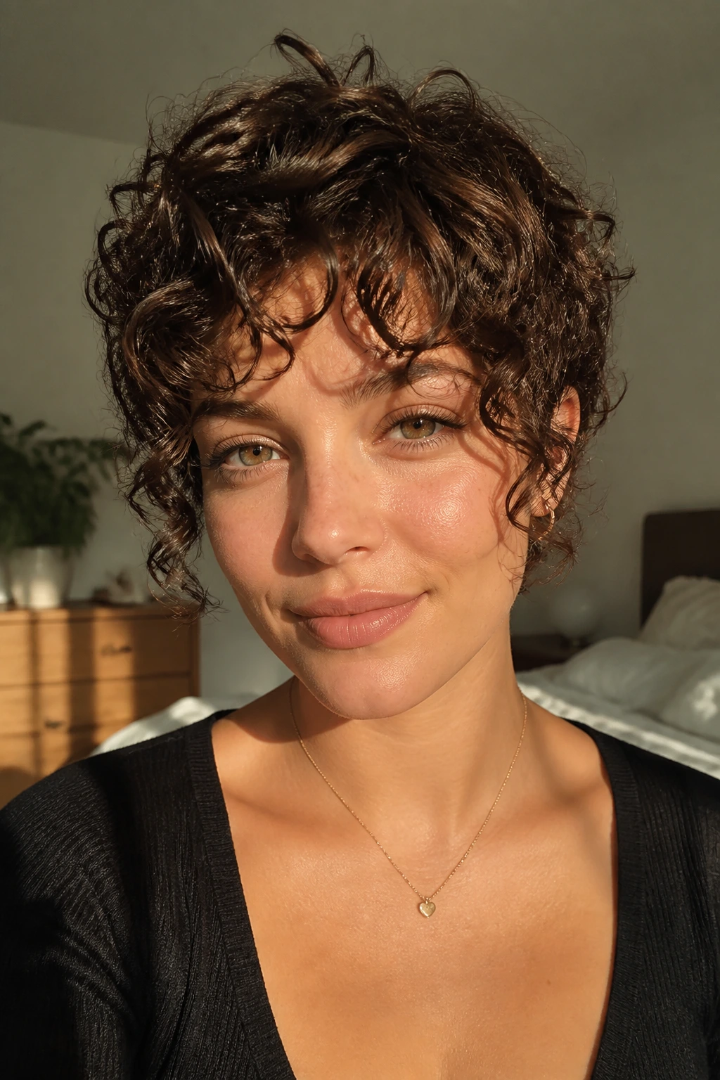 Close-up of real woman with curly pixie and face-framing fringe