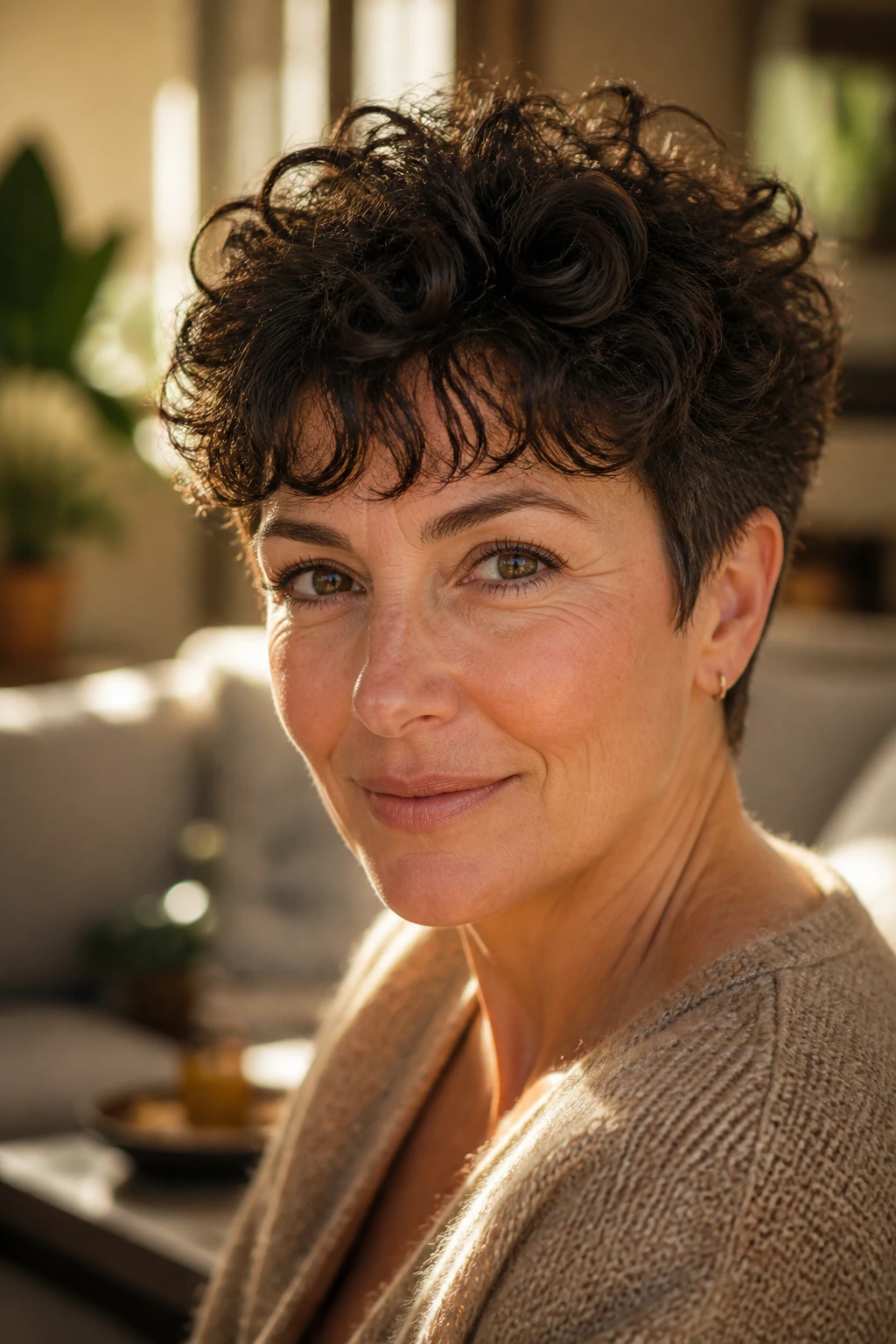 Close-up portrait of a real woman with curly pixie and soft fringe, warm window light.