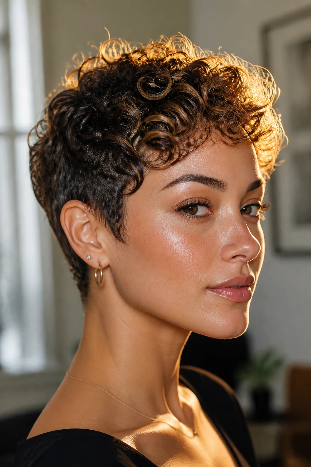 Close-up portrait of a real person with a curly pixie and golden edge lighting.
