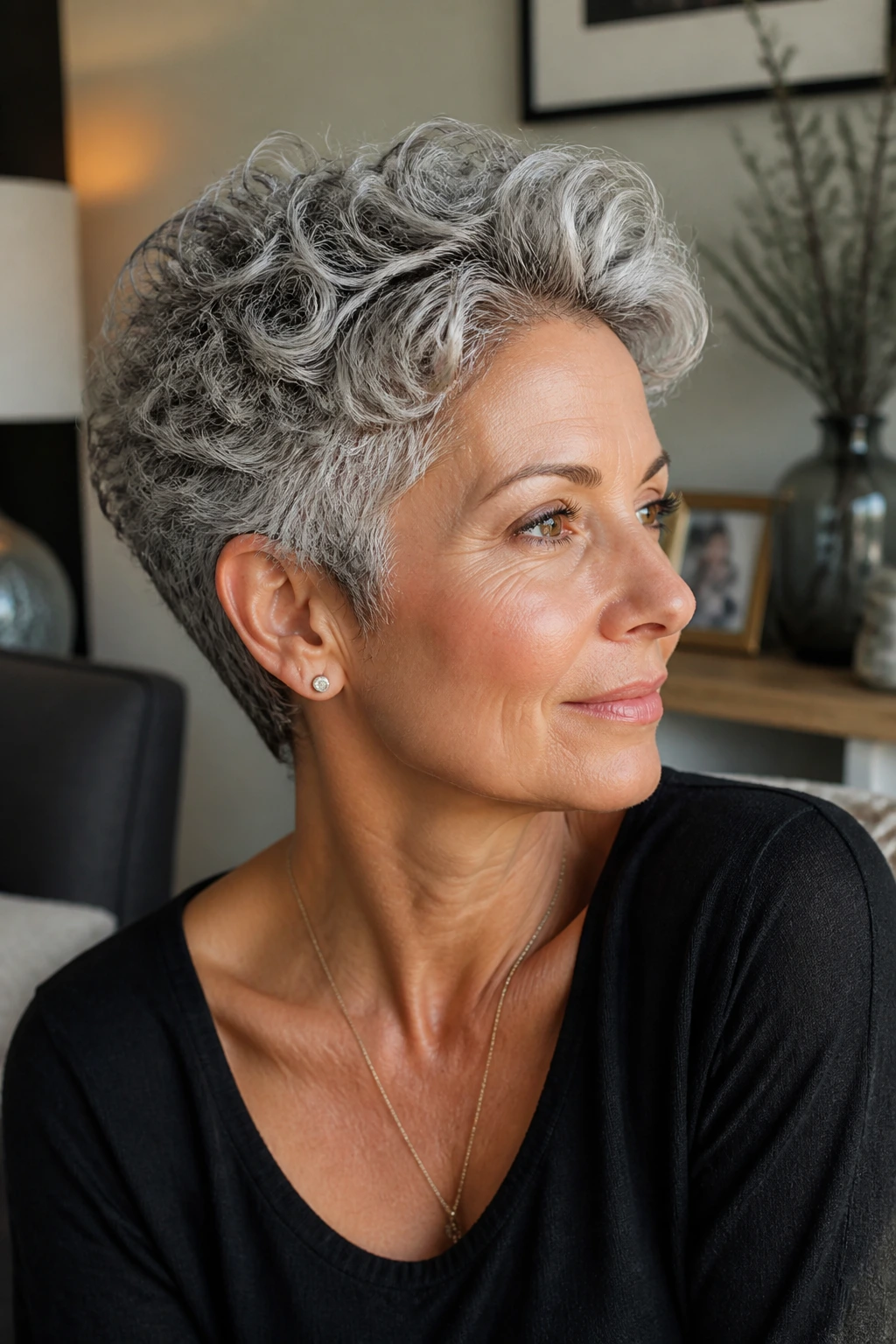 Close-up of a real woman with curly gray pixie and root lift under warm window light