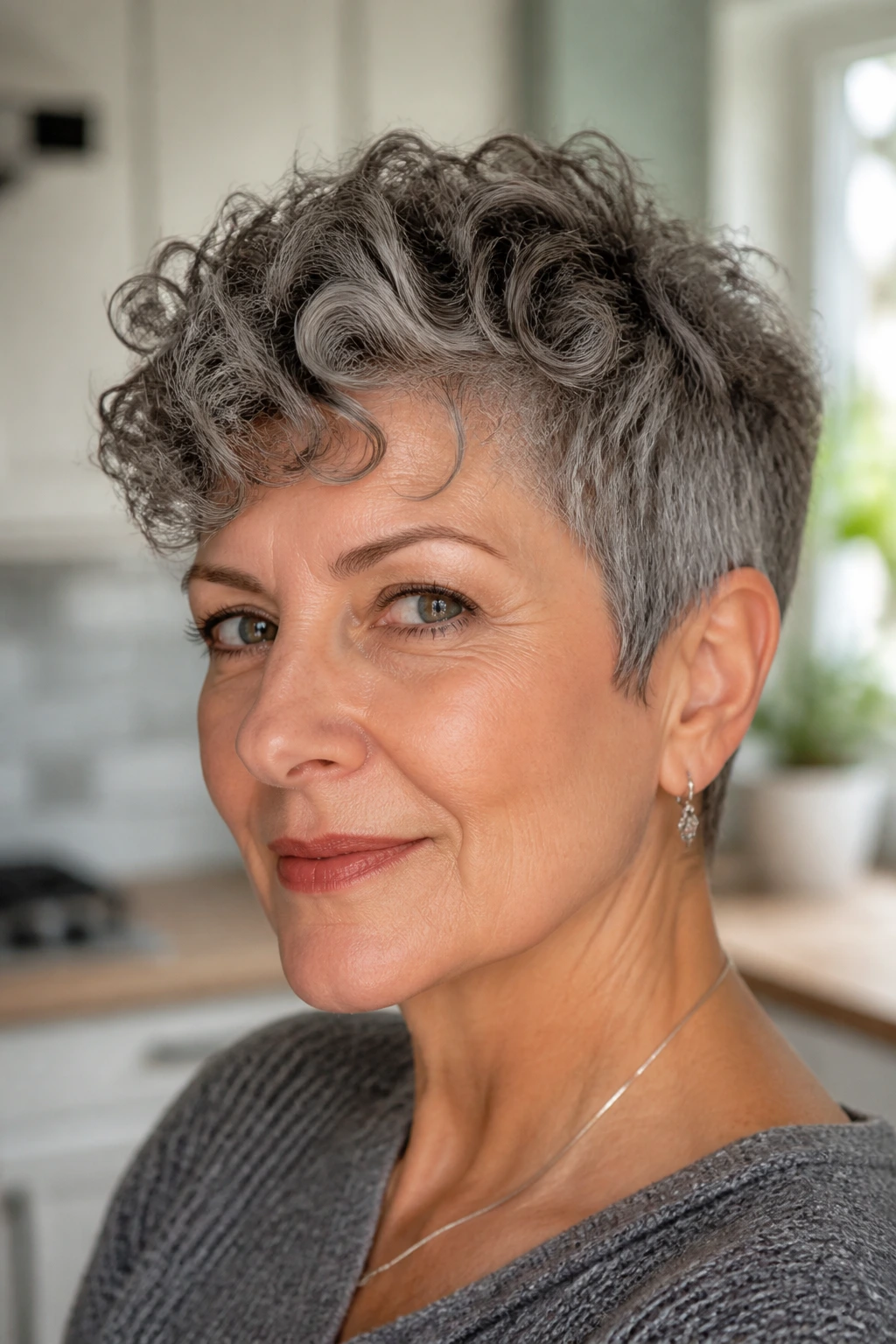 Real 50+ woman with curly pixie cut and soft top, clear silhouette.