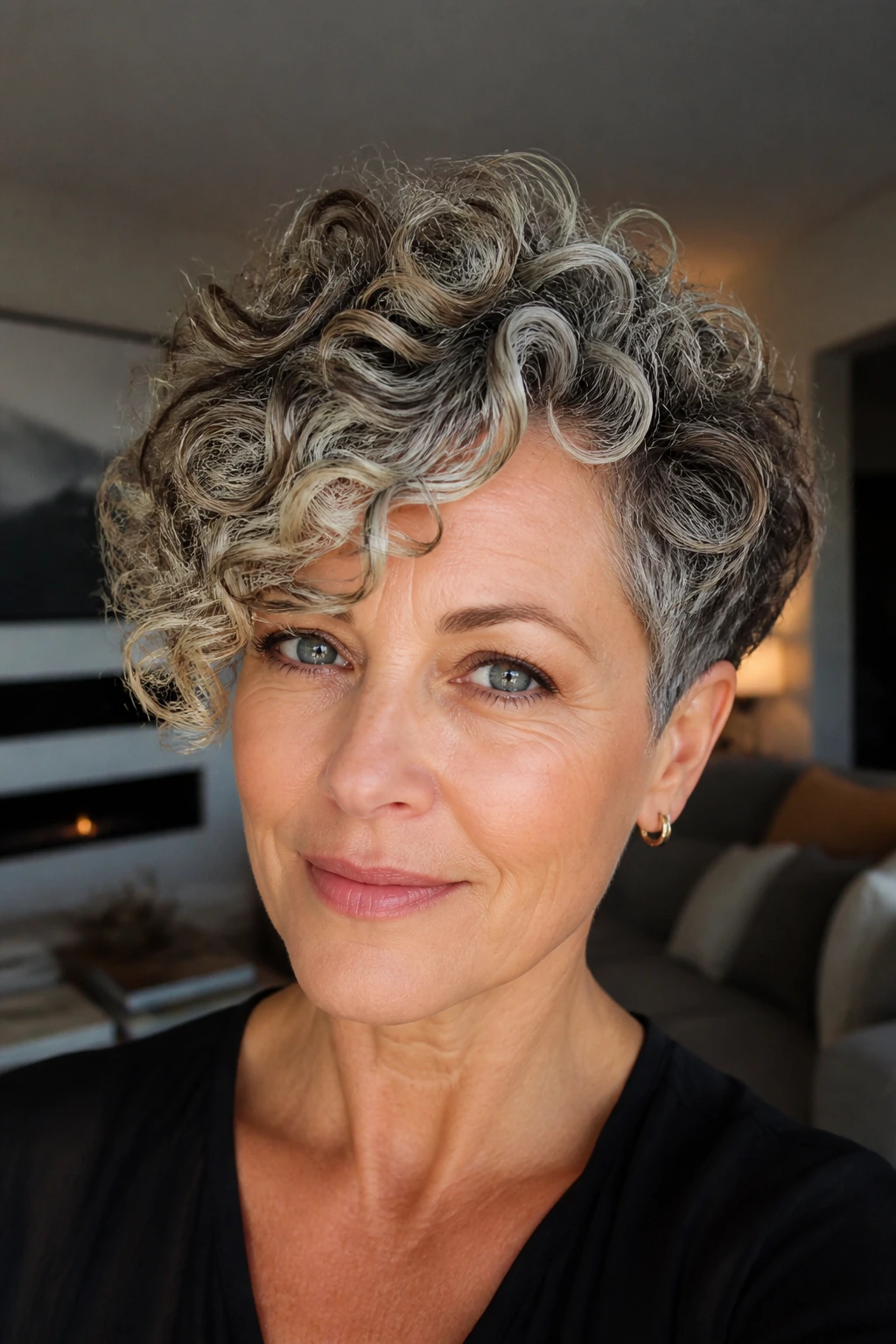 Close-up of real woman with curly pixie and side-falling front pieces