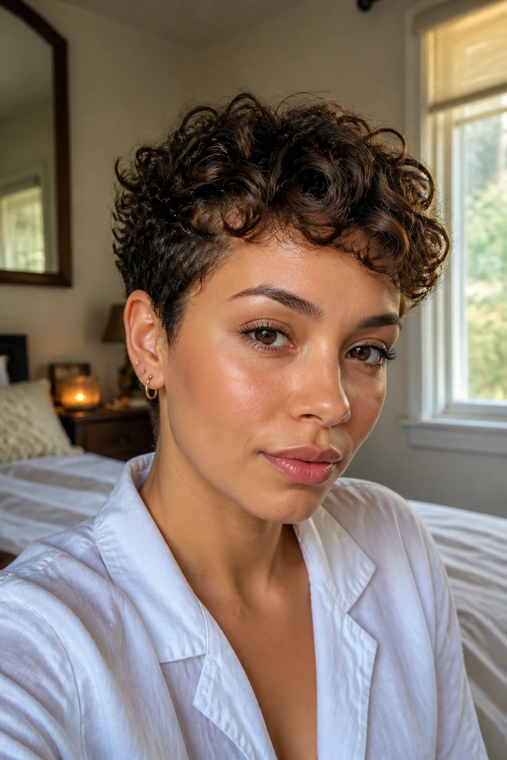 Close-up of a real woman with curly pixie showing defined crown and hugs on the sides