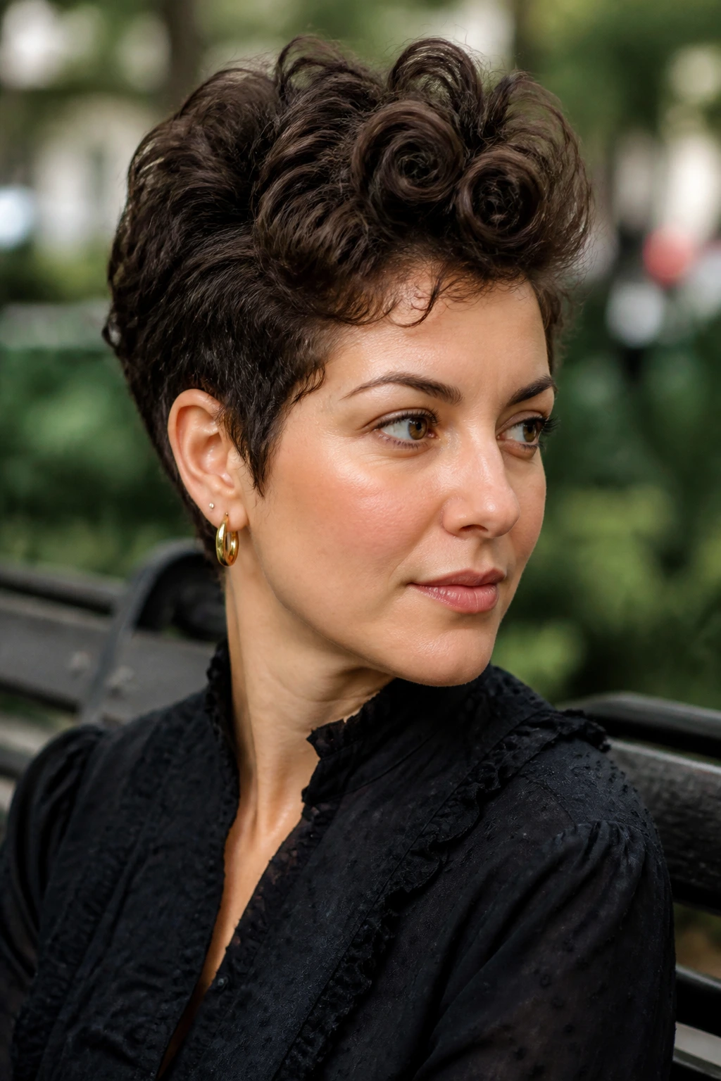 Close-up of a woman with a curly pixie cut featuring height on top.