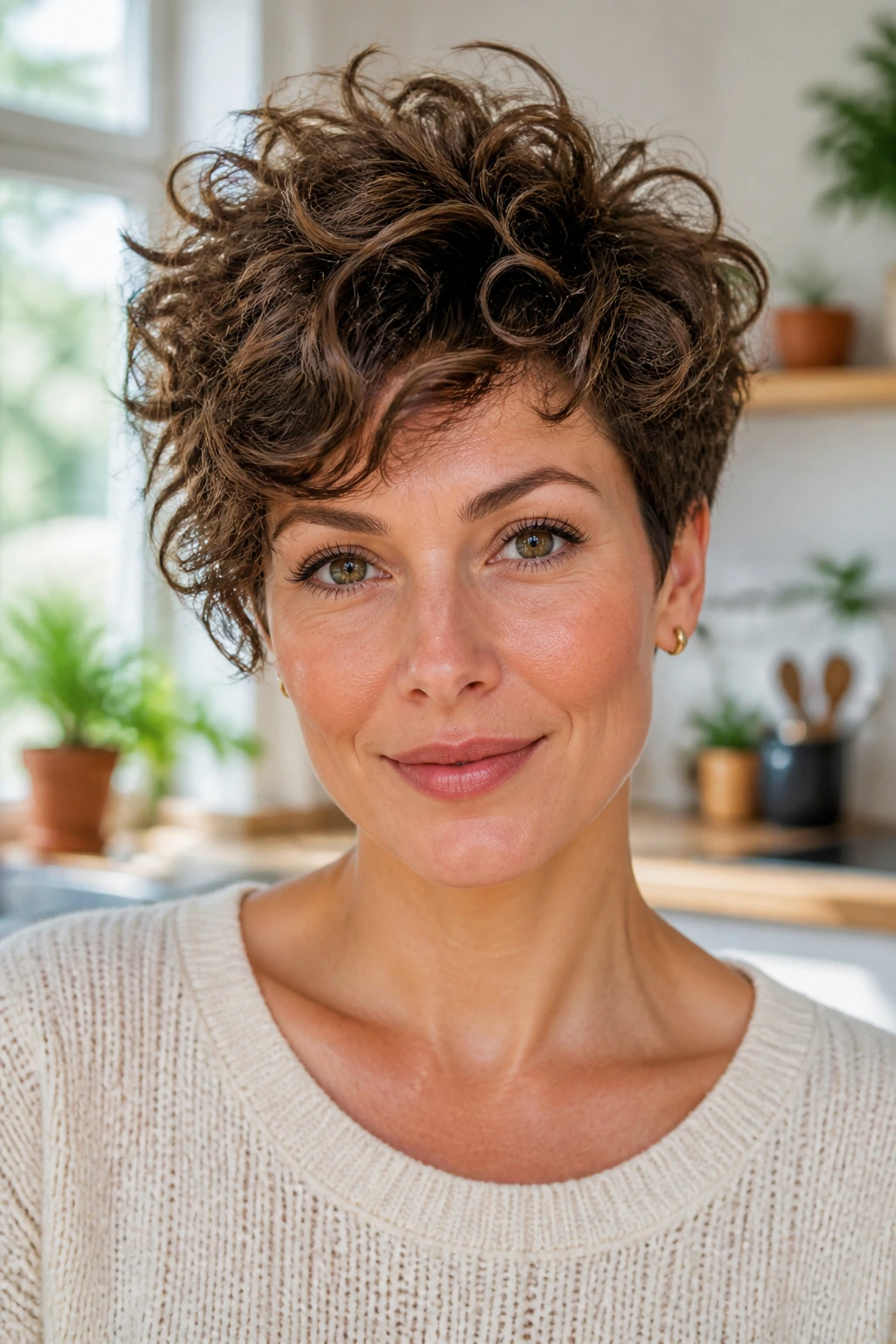 Close-up of a woman with a curly pixie and lifted crown.