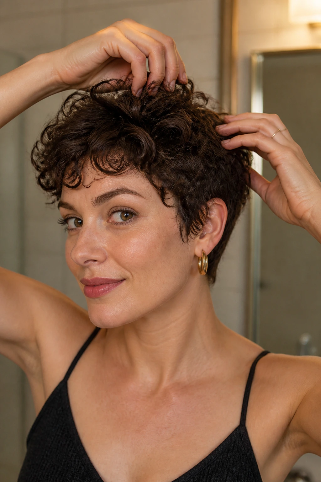 Close-up of a real woman showing crown lift on a curly pixie in a softly lit bathroom corner.