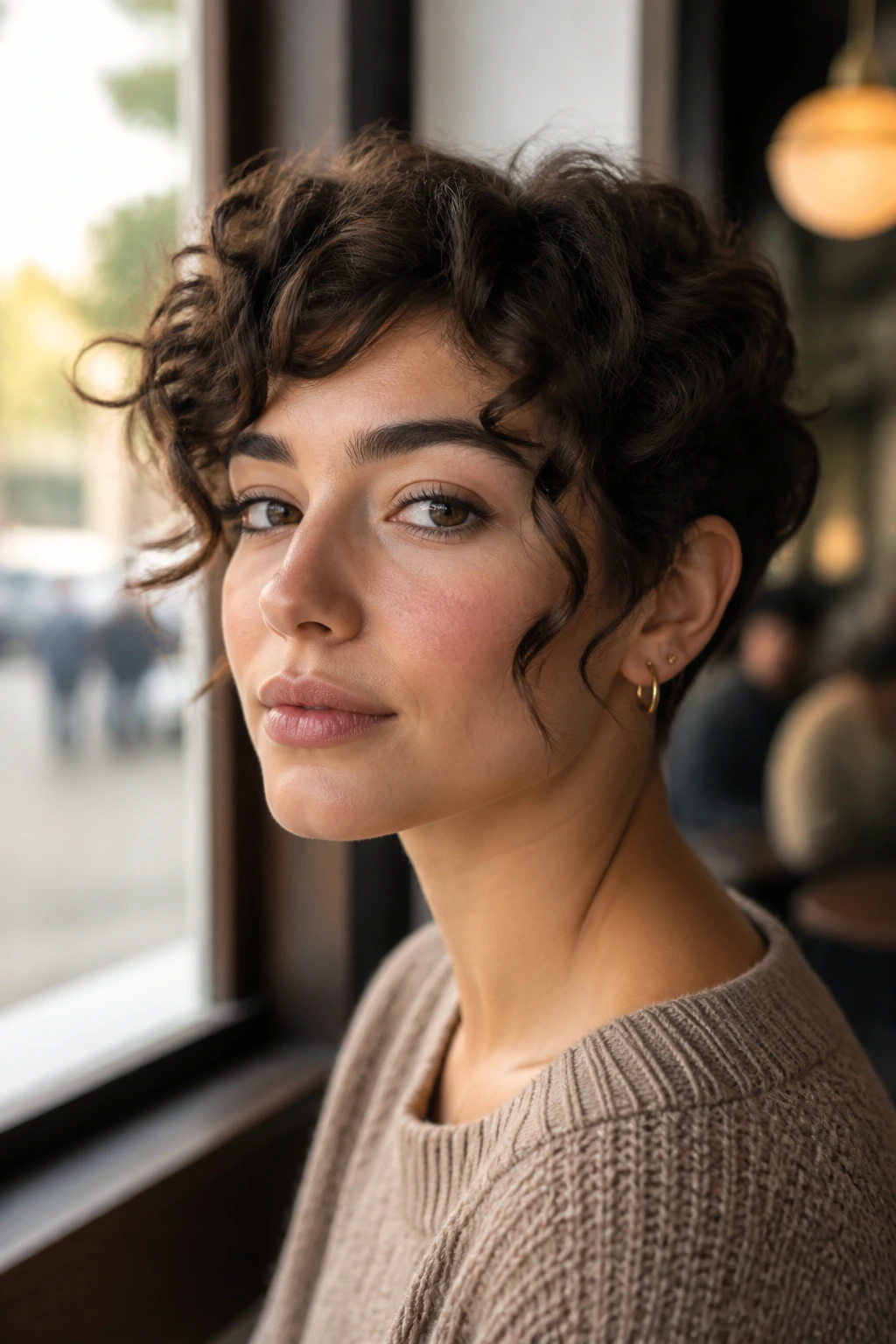 Portrait of a real person with curly pixie cut and long temple pieces framing the face