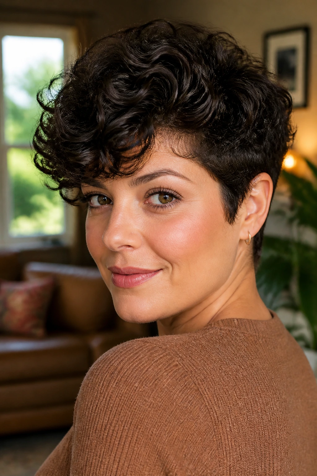 Close-up portrait of a real woman with a curly pixie and long top