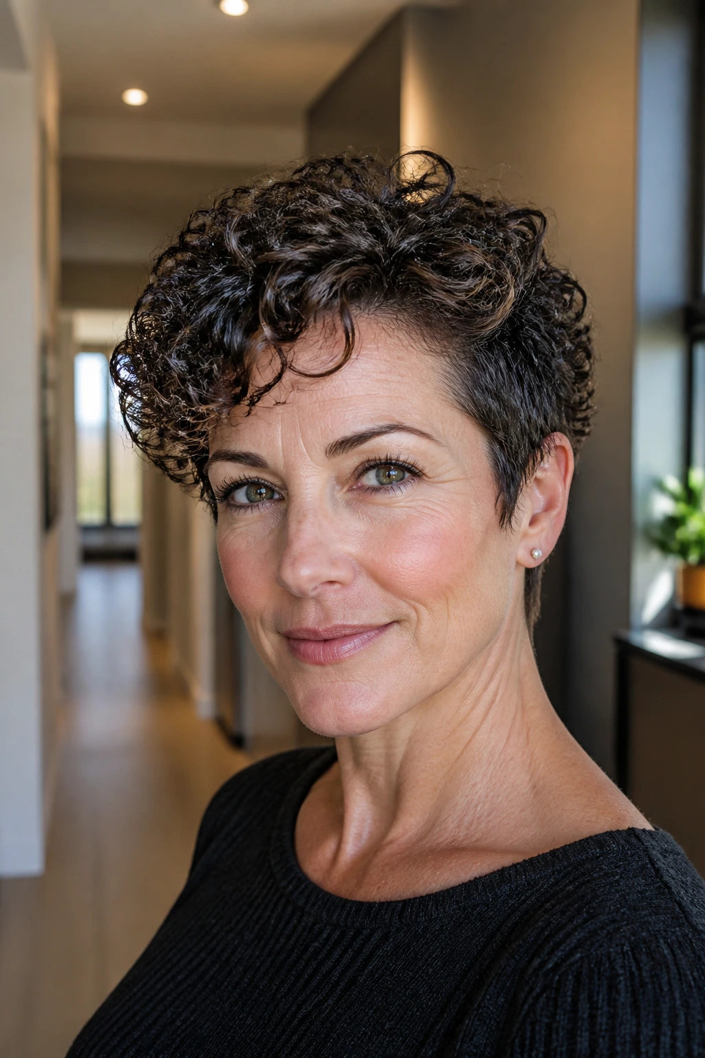 Close-up of real woman with curly pixie haircut and longer top in natural light