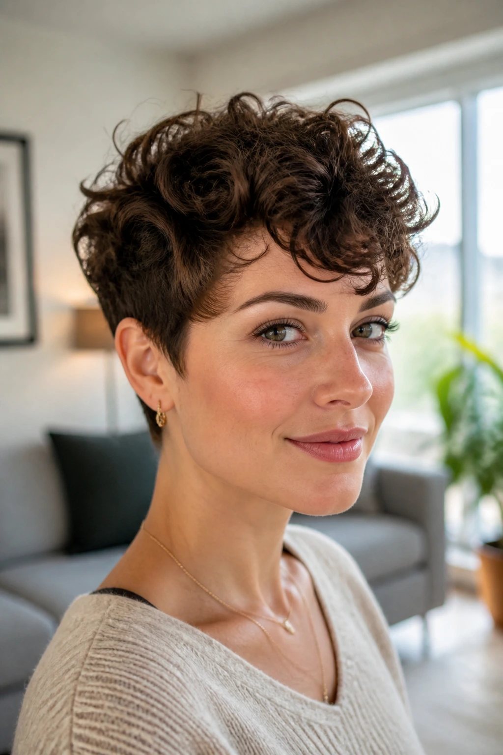 Real woman with curly pixie haircut and longer top